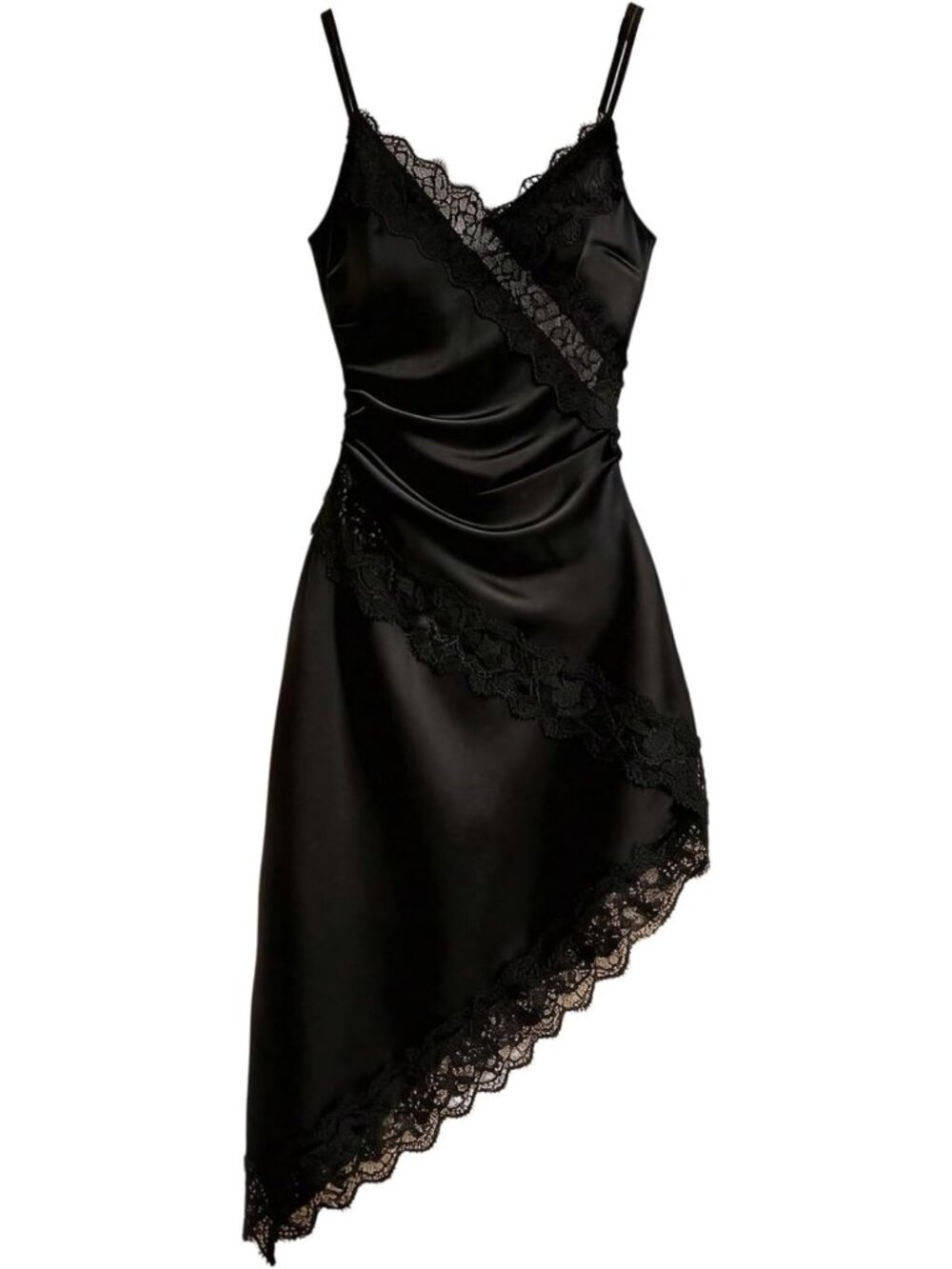 Elegant Satin Midi Slip Dress with Lace Trim, V Neck, Asymmetrical Hem